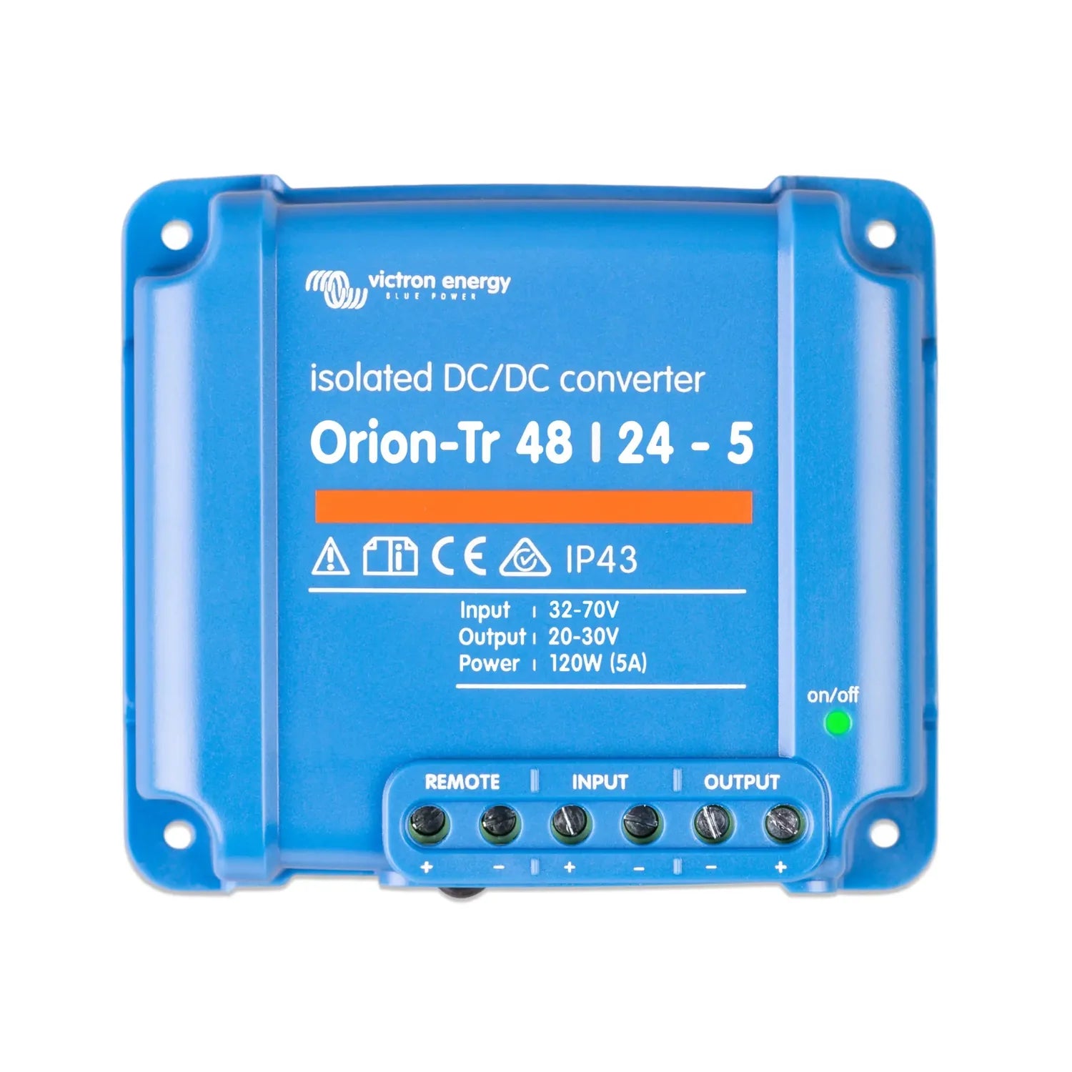 Victron Energy Orion-Tr 48/24-5 isolated DC/DC converter, blue device with terminal connections and on/off indicator light.