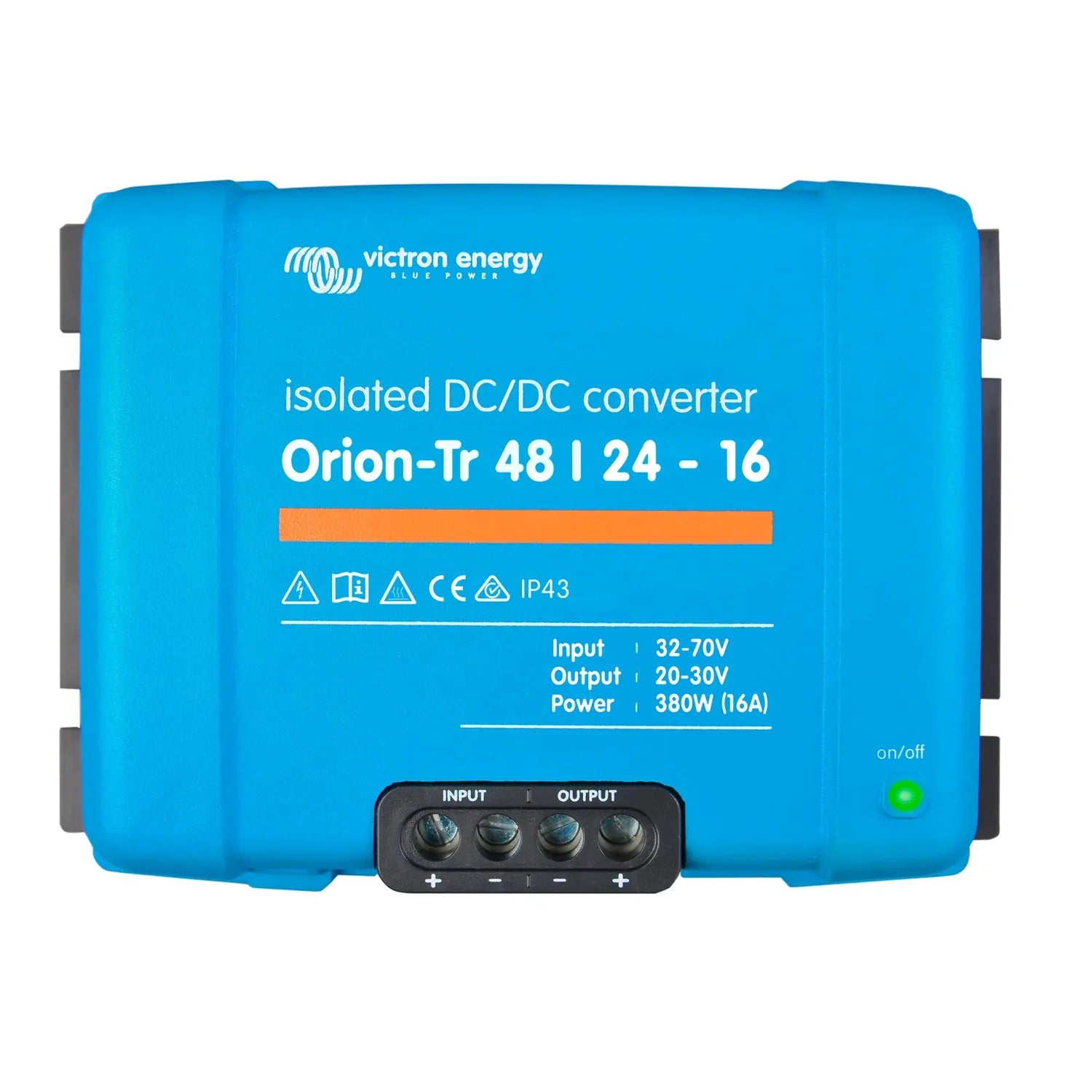Victron Energy Orion-Tr 48/24-16 isolated DC/DC converter, blue rectangular device with input/output terminals and green powe