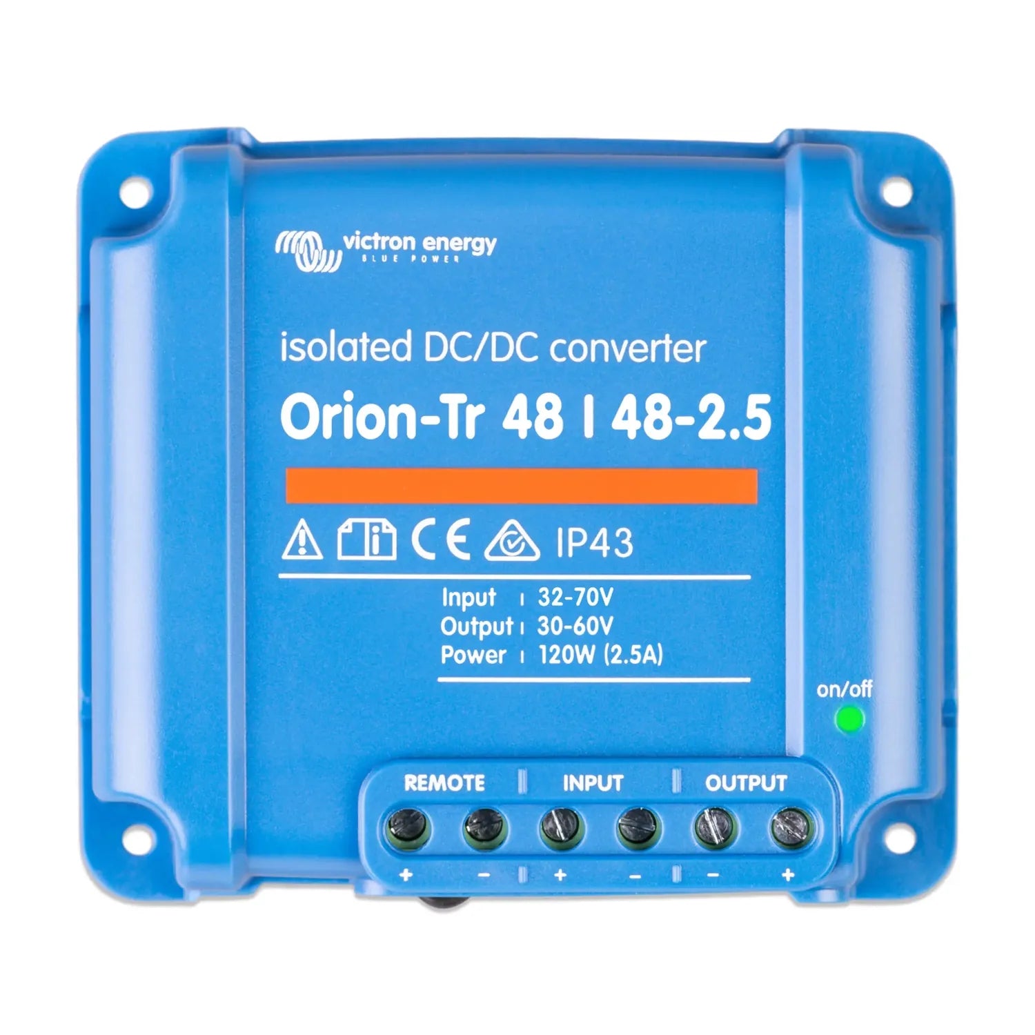 Victron Energy Orion-Tr 48/48-2.5 isolated DC/DC converter, blue rectangular device with terminal connections and on/off indi