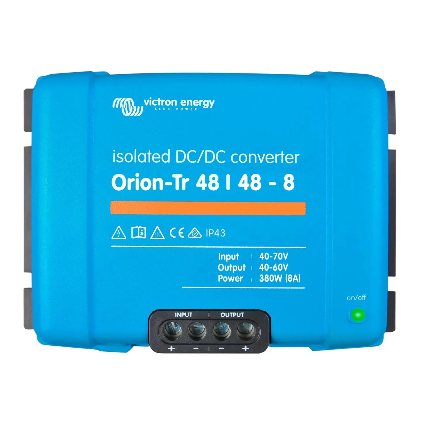Victron Energy Orion-Tr 48/48-8 isolated DC/DC converter, blue rectangular device with input/output terminals and on/off indi