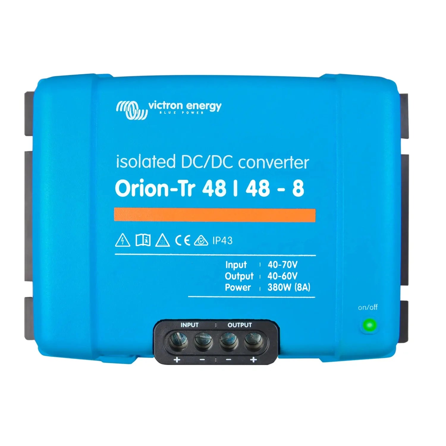 Victron Energy Orion-Tr 48/48-8 isolated DC/DC converter, blue rectangular device with input/output terminal block and green 