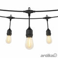 Black outdoor string lights with three hanging pendant fixtures featuring warm-toned Edison-style bulbs, shown against white 