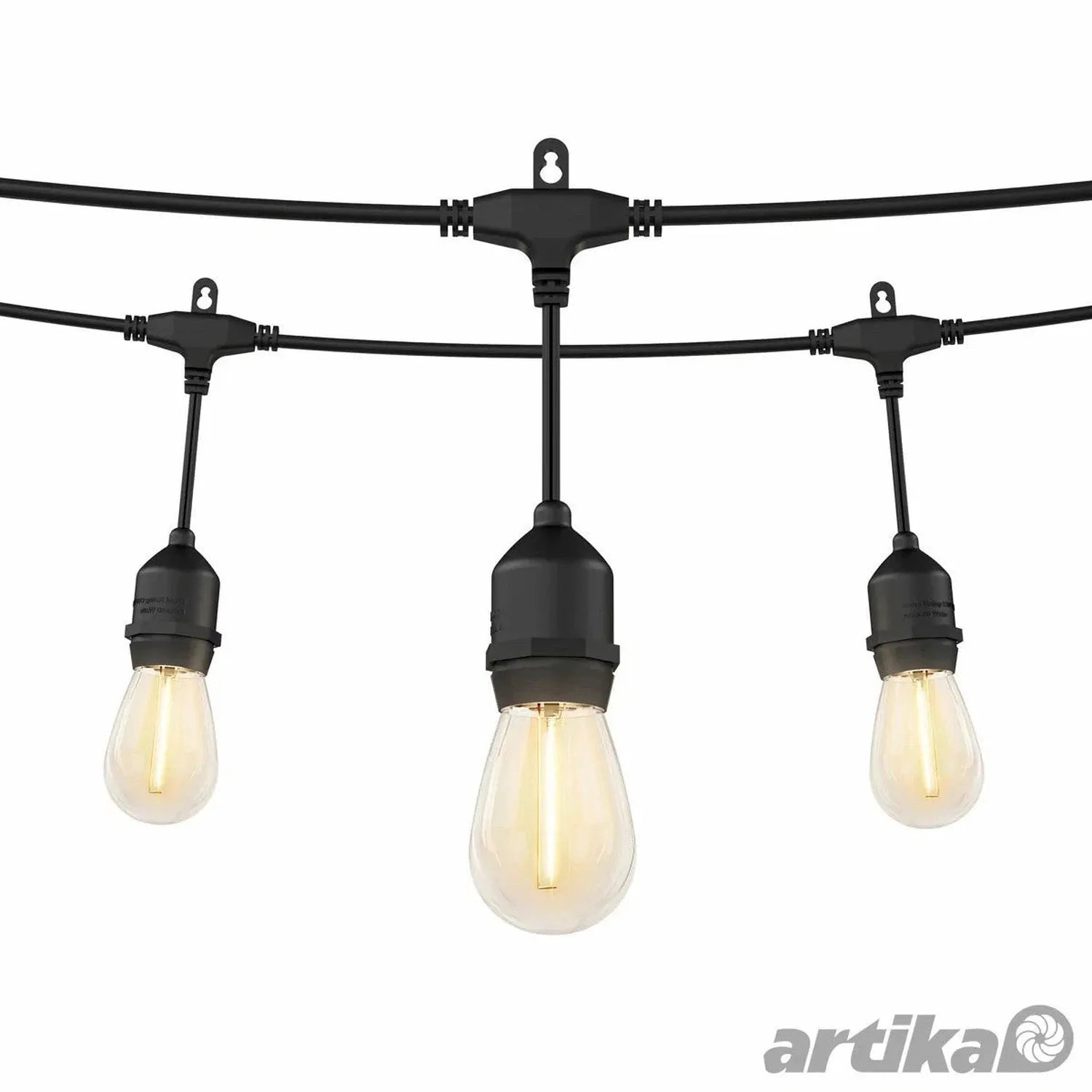 Black outdoor string lights with three hanging pendant fixtures featuring warm-toned Edison-style bulbs, shown against white 