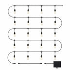 Schematic diagram of solar string lights with 20 pendant bulbs arranged in 5 horizontal rows of 4, connected to a solar panel