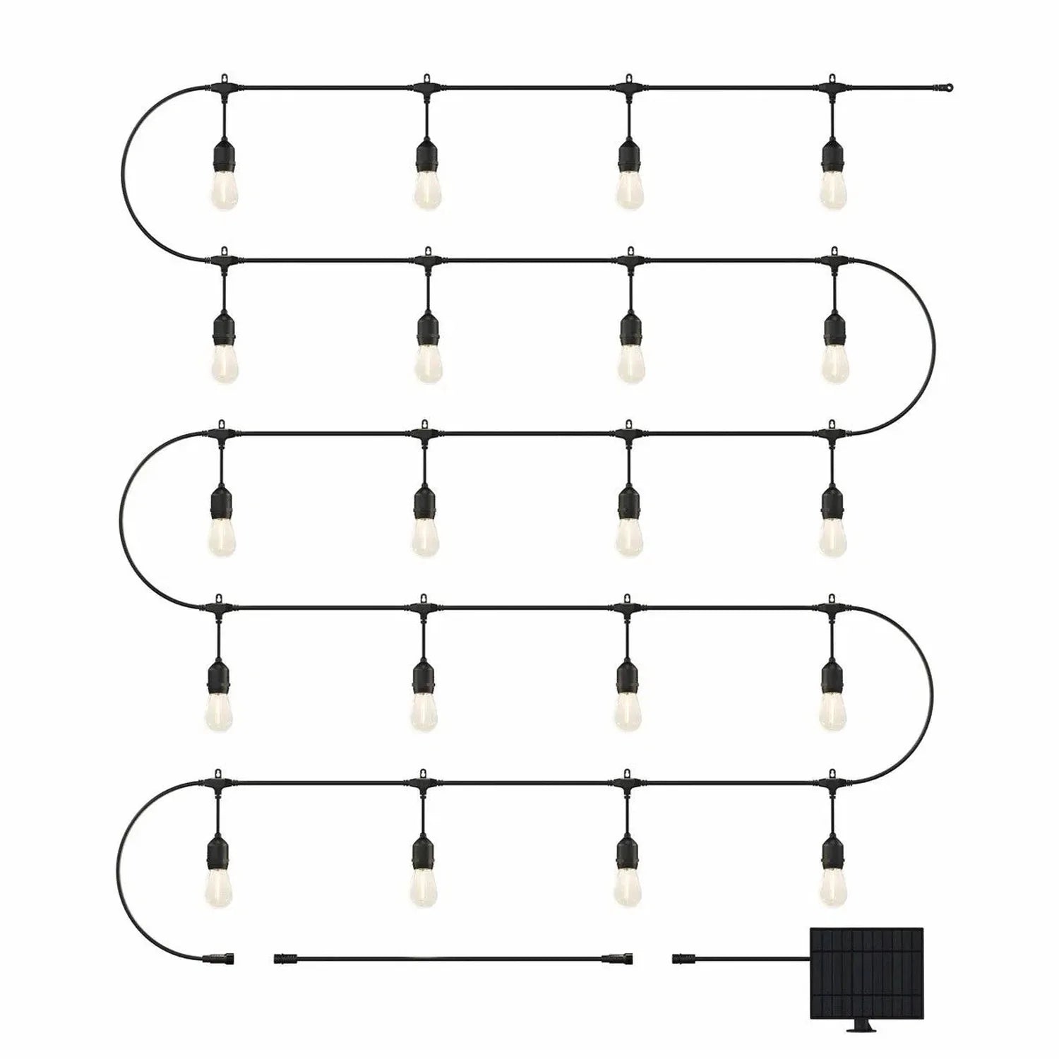 Schematic diagram of solar string lights with 20 pendant bulbs arranged in 5 horizontal rows of 4, connected to a solar panel