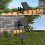 Three installation examples of black solar panel with LED light fixture mounted on wooden fence, brick wall, and ground stake