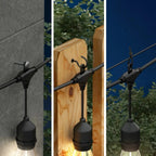 Three installation examples of black solar string lights mounted on concrete wall, wooden fence, and against night sky with f