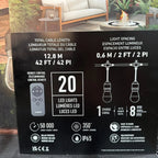 Back of packaging for Artika Eclipse Solar String Lights showing specifications: 20 LED lights, 12.8m cable, 0.6m light spaci