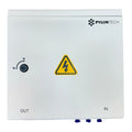 Pylon Tech white electrical combiner box with high-voltage warning symbol, reset button, and IN/OUT terminals.