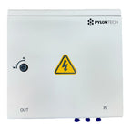 Pylon Tech white electrical combiner box with high-voltage warning symbol, reset button, and IN/OUT terminals.