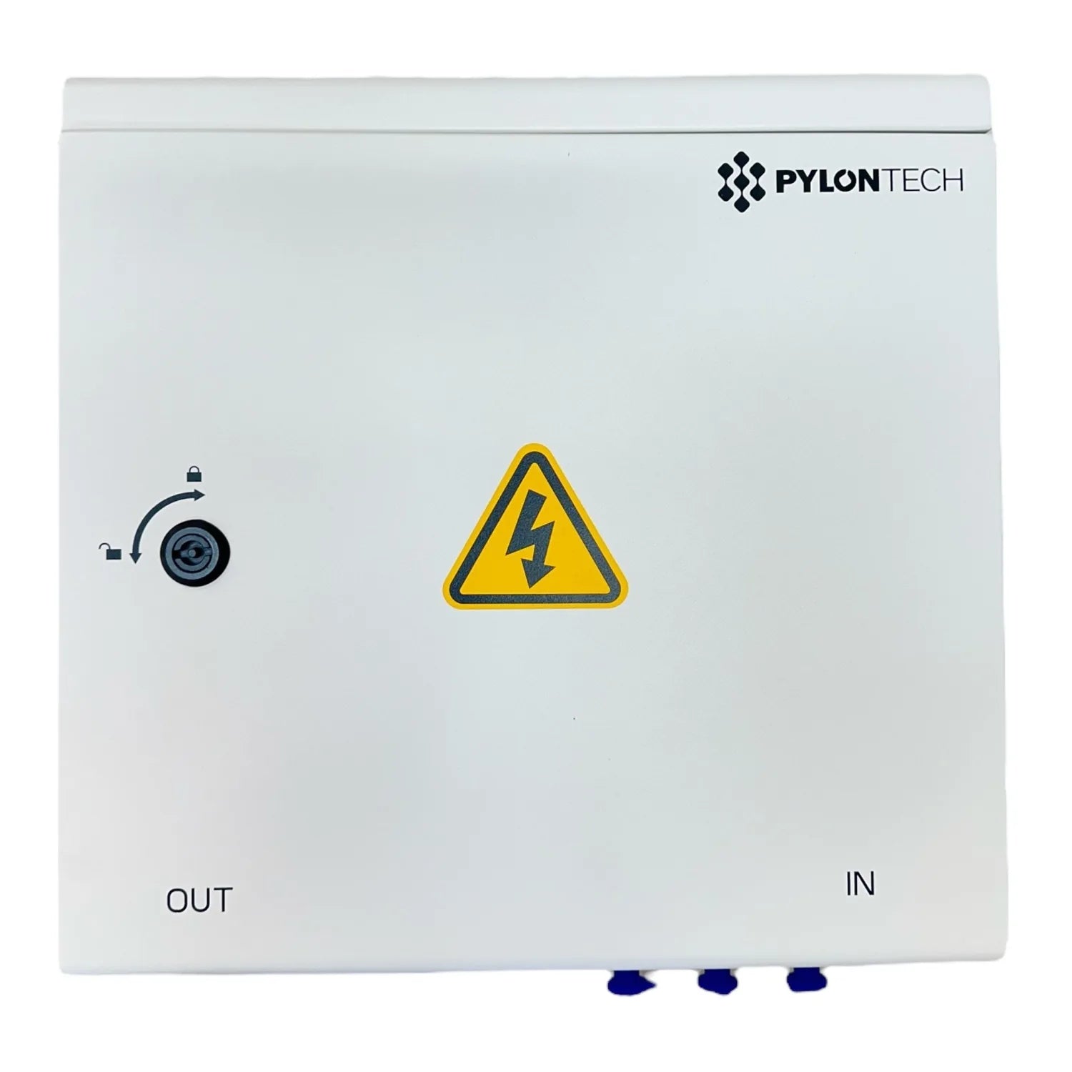 Pylon Tech white electrical combiner box with high-voltage warning symbol, reset button, and IN/OUT terminals.