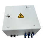 Pylon Tech white DC combiner box with electrical hazard warning symbol, IN and OUT labels, and three blue disconnect switches