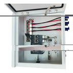 Interior view of open DC combiner box showing bus bars, circuit breakers, and color-coded wiring with blue connectors on righ