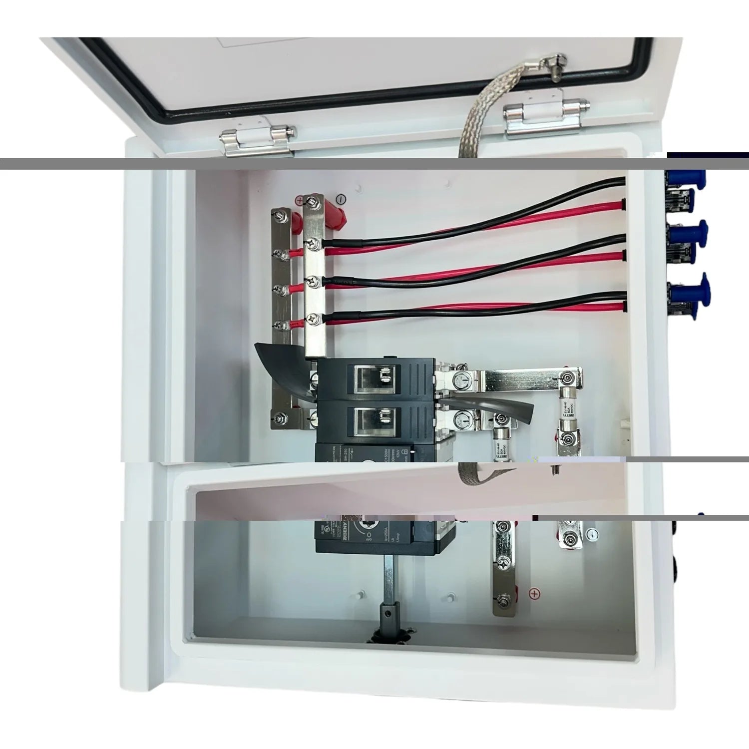Interior view of open DC combiner box showing bus bars, circuit breakers, and color-coded wiring with blue connectors on righ