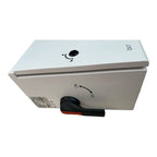 White rectangular DC combiner box with black control knob labeled ON/OFF, mounted on angled surface with certification label 