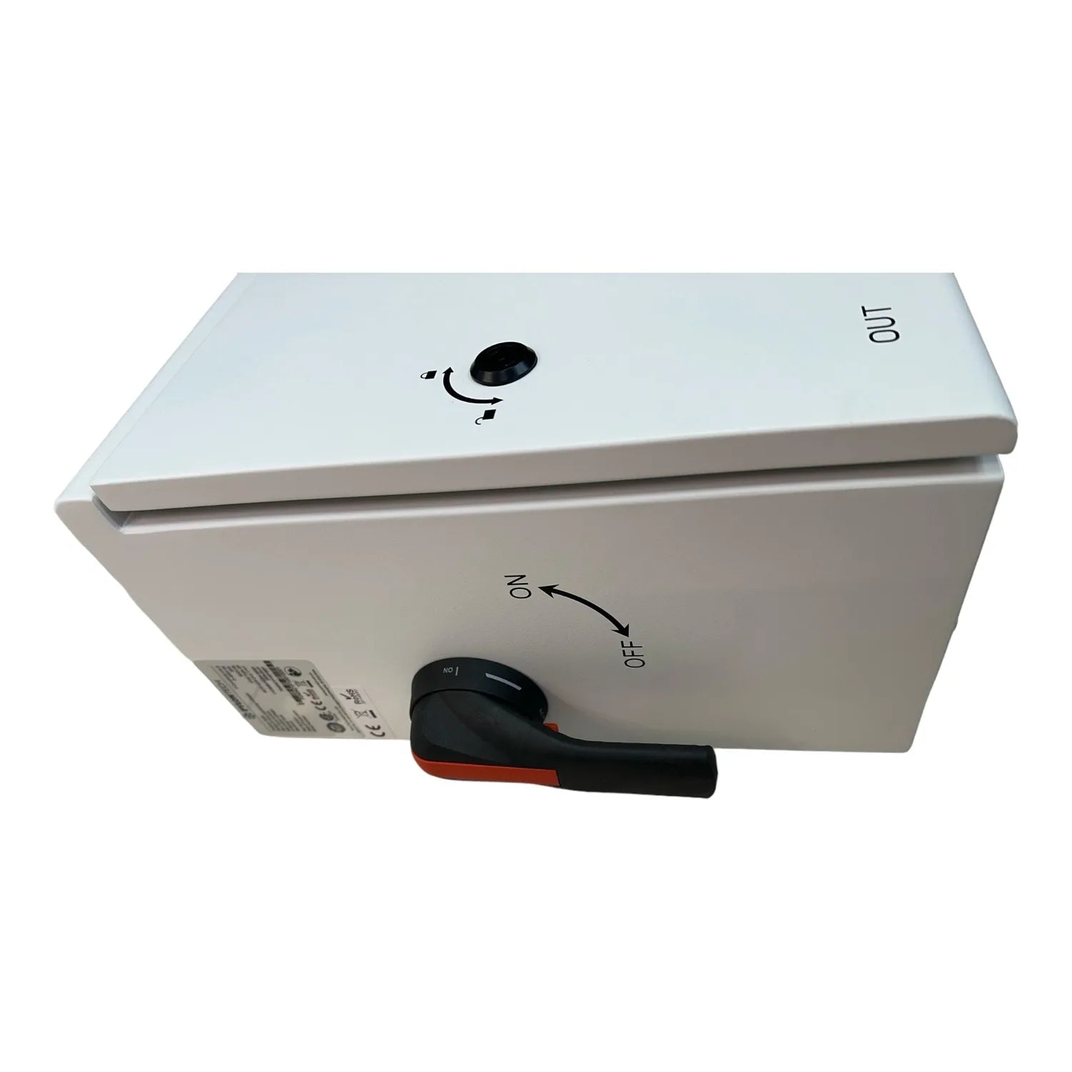 White rectangular DC combiner box with black control knob labeled ON/OFF, mounted on angled surface with certification label 
