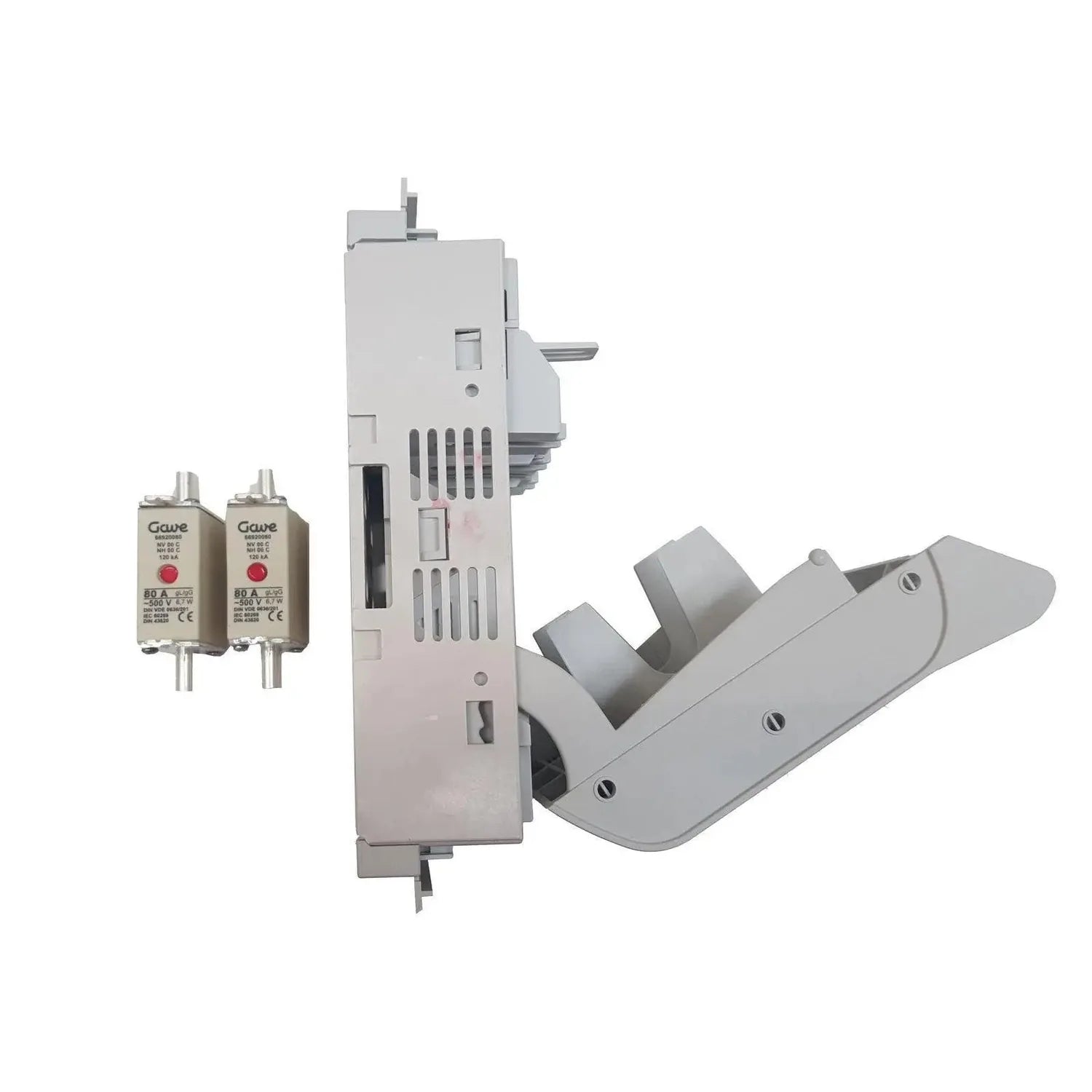 Mersen NH00 160A fuse disconnector with two 80A cylindrical fuses displayed separately alongside main unit.