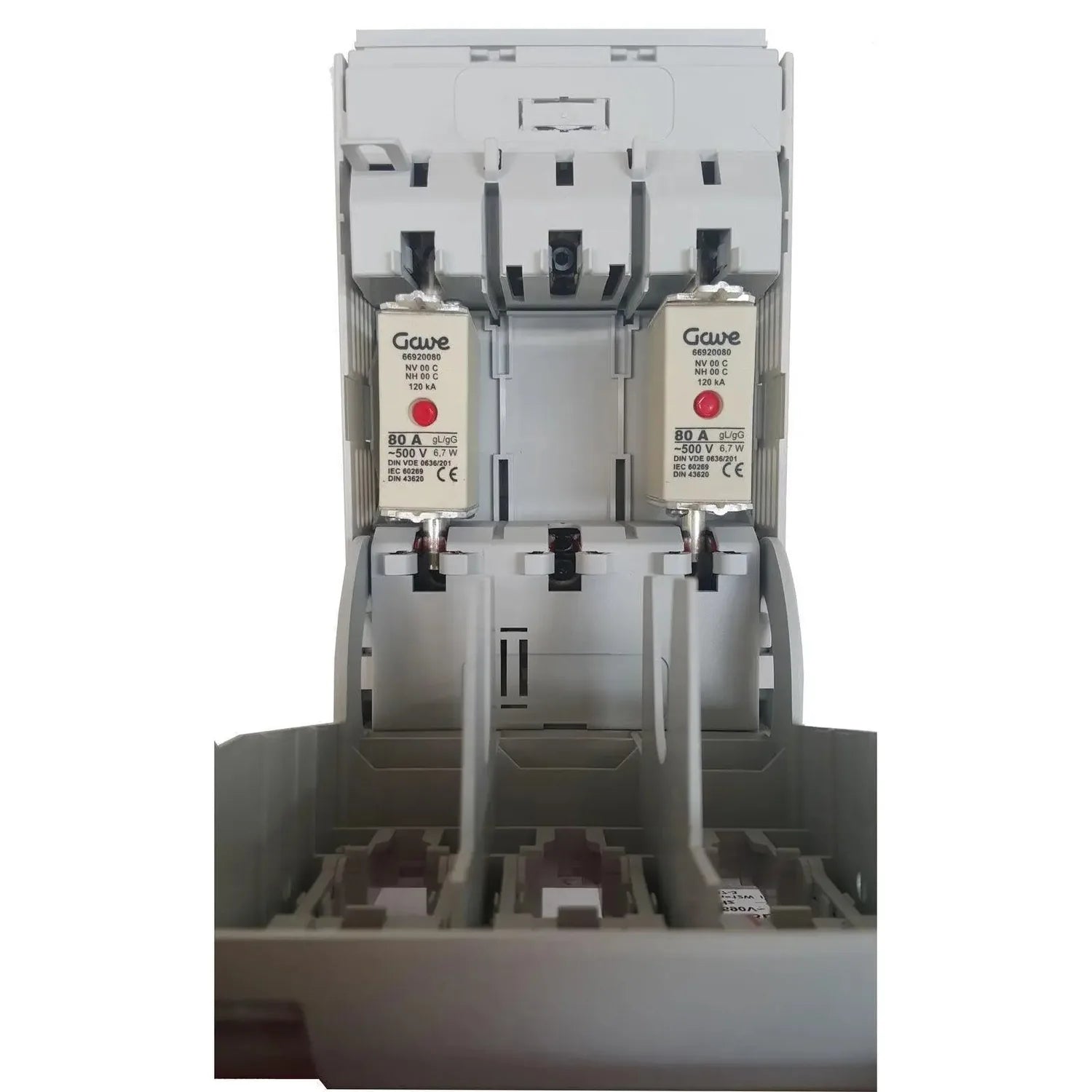 Mersen NH00 fuse disconnect assembly showing two 80A Gawe fuses with red indicators and gray mounting frame.