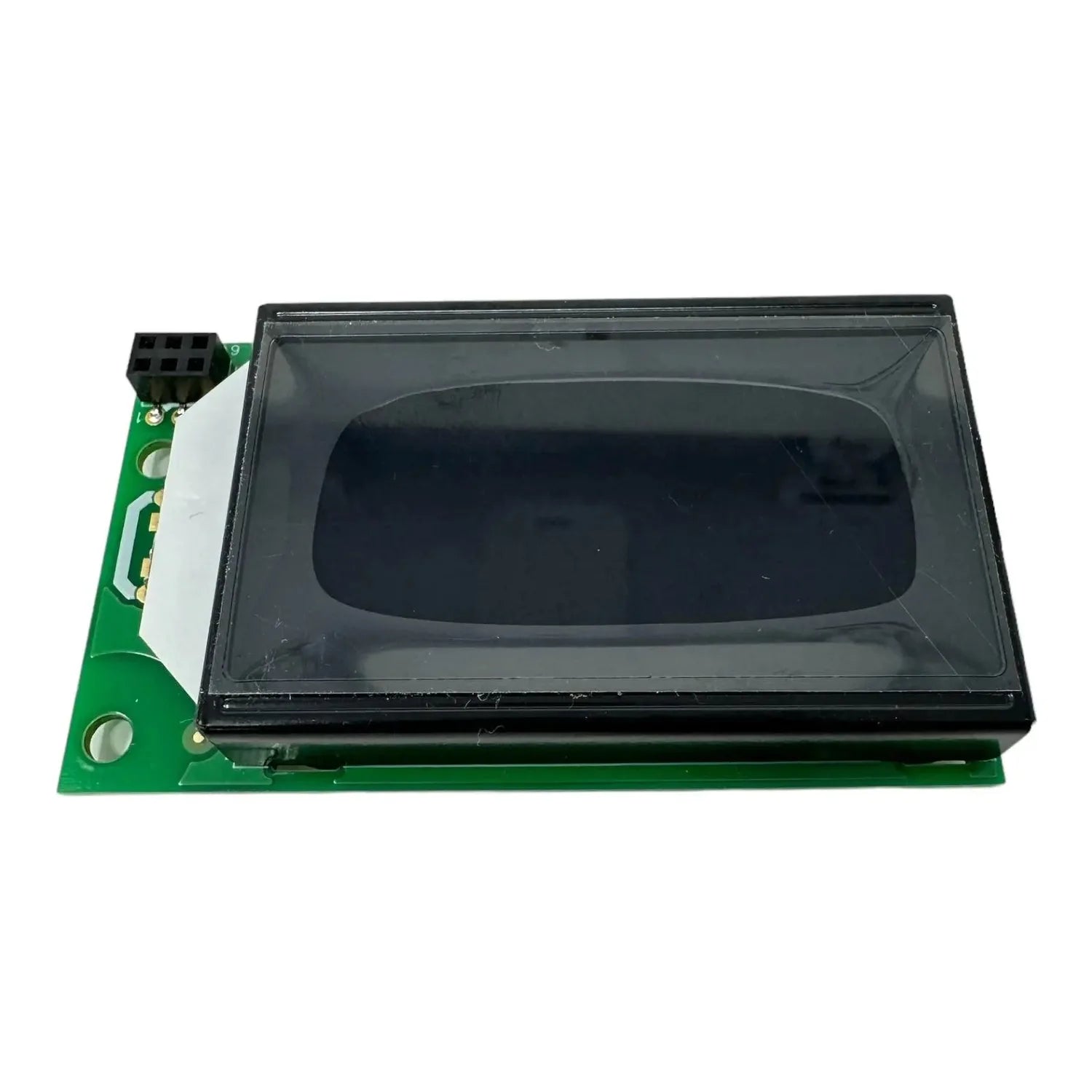 LCD display module with black screen mounted on green circuit board with connector pins visible.