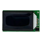 LCD display screen with green circuit board mounted on white background, component closeup shot.