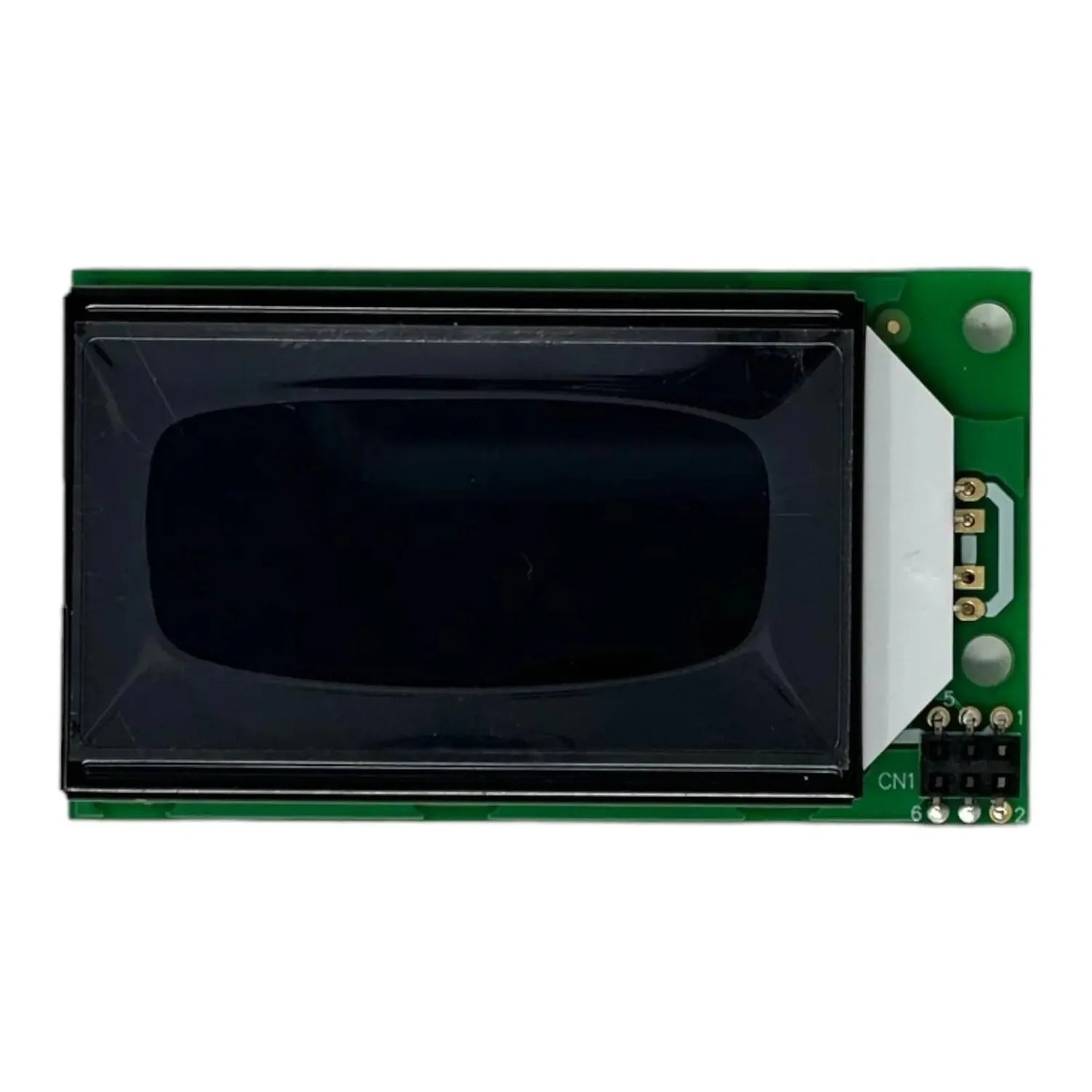 LCD display screen with green circuit board mounted on white background, component closeup shot.