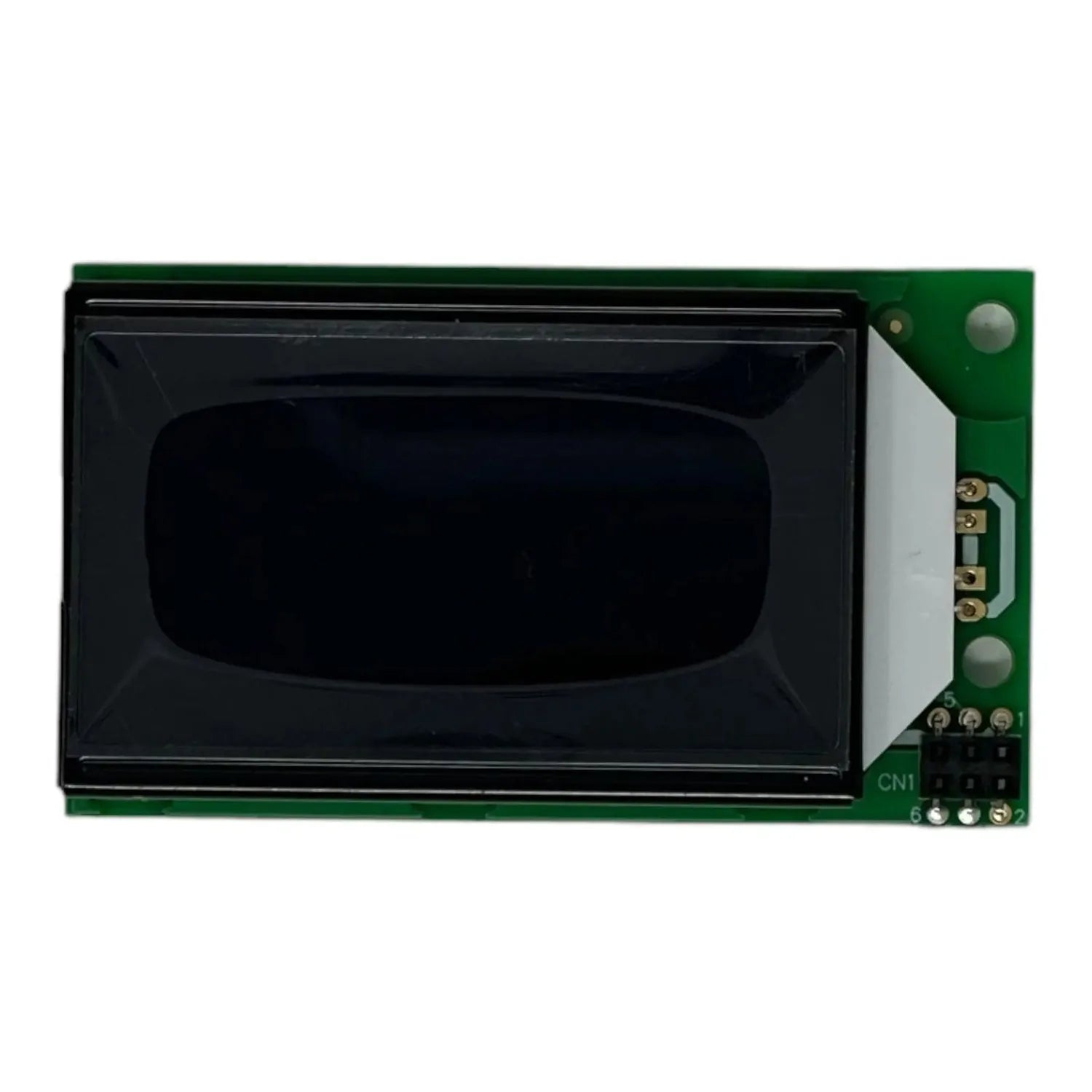 LCD display module with black screen mounted on green circuit board with connector ports