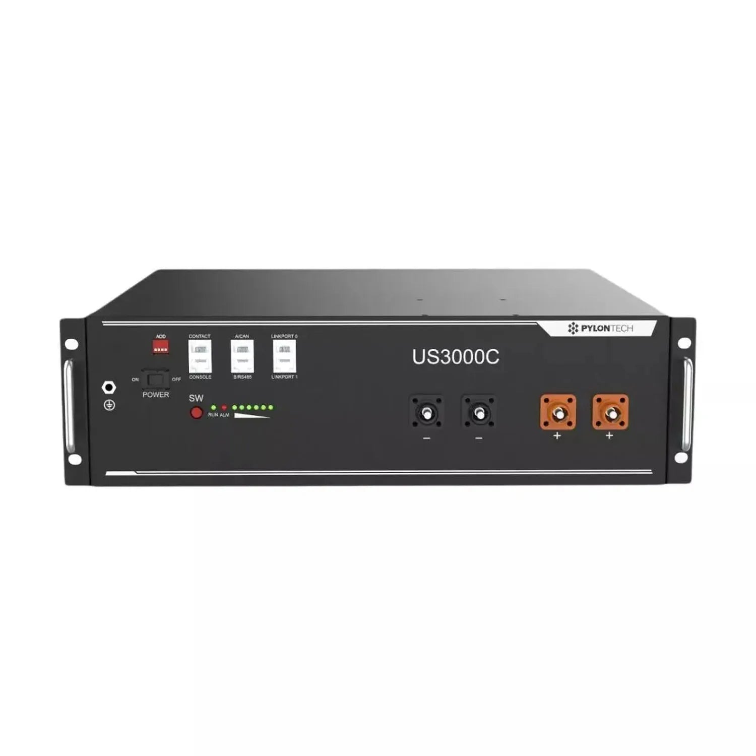 Pylon Tech US3000C battery management system unit with power controls, status indicators, and orange terminal connectors on b