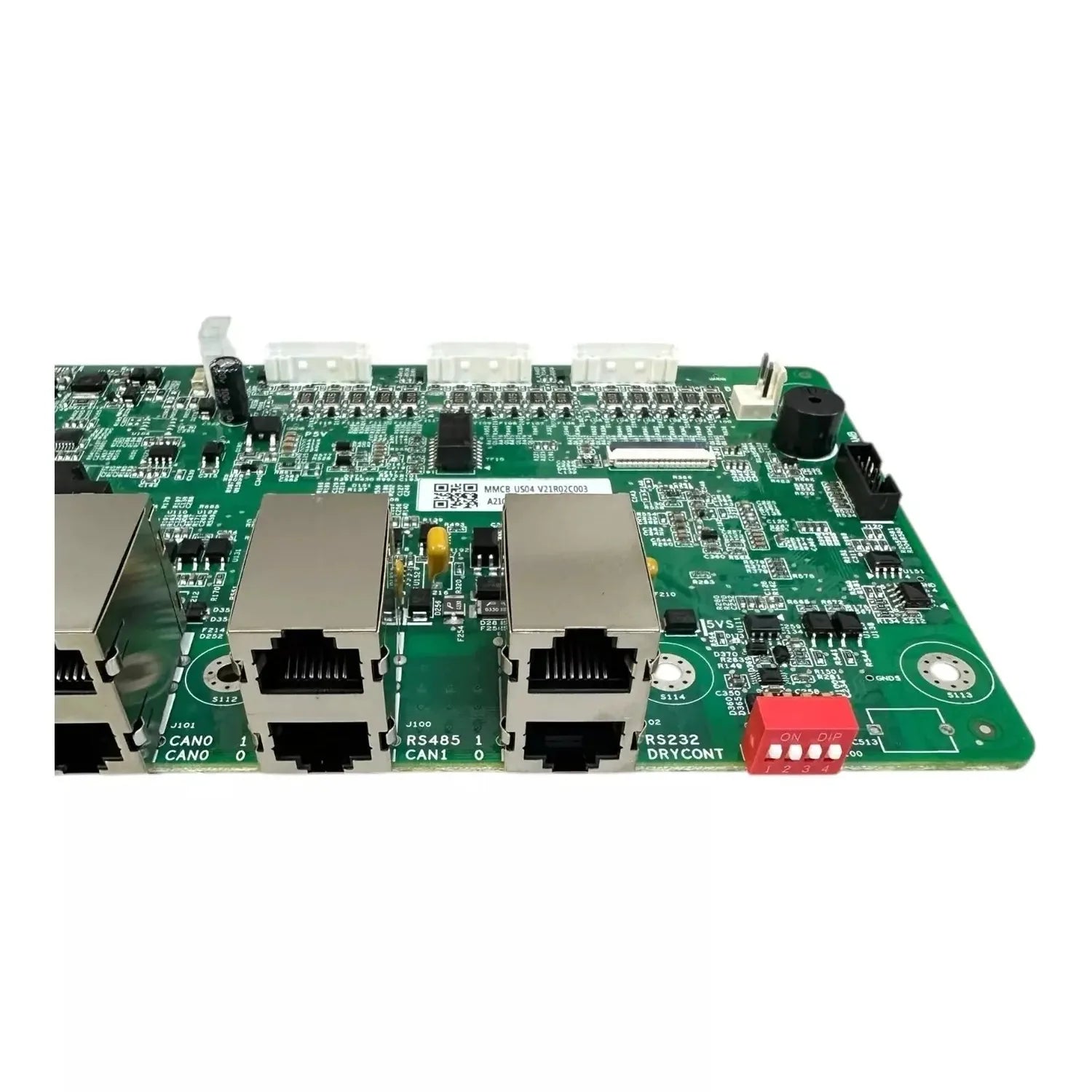 Green circuit board with dual ethernet ports, CAN connectors, RS485, RS232, and red DIP switch labeled "ON/DIP" for Pylontech