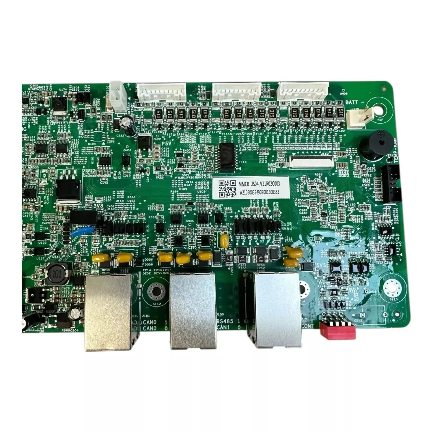 Green circuit board with metal connectors and component labels for Pylontech US3000C battery management system.