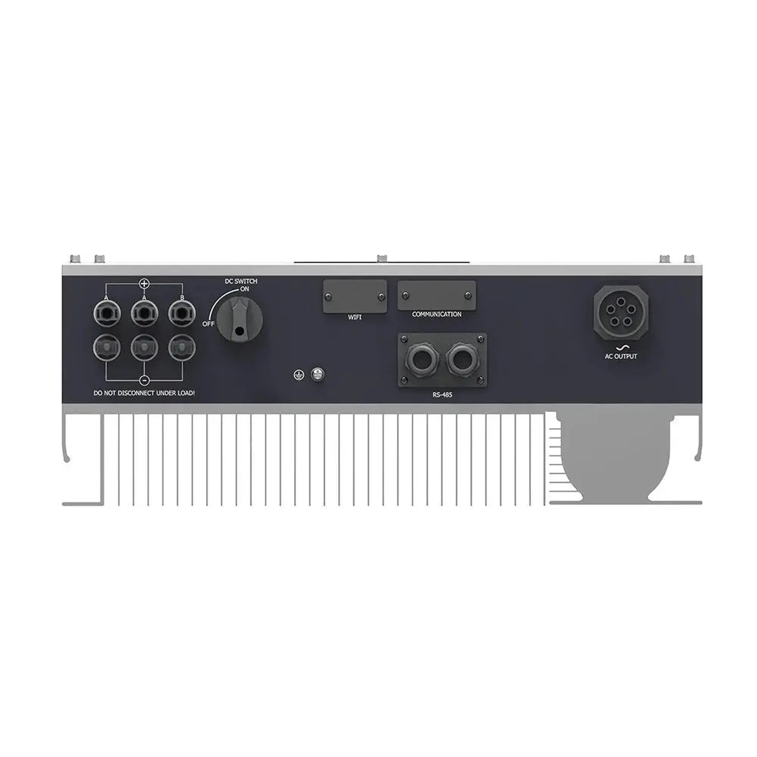 Elios 11kW inverter back panel showing DC switch, WiFi and communication ports, RS-485 connector, and AC output socket.