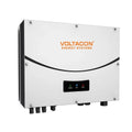 Voltacon Energy Systems white wall-mounted solar inverter with curved black accent stripe, status indicator lights, and conne