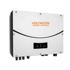 Voltacon Energy Systems white wall-mounted solar inverter with curved black accent stripe, status indicator lights, and conne