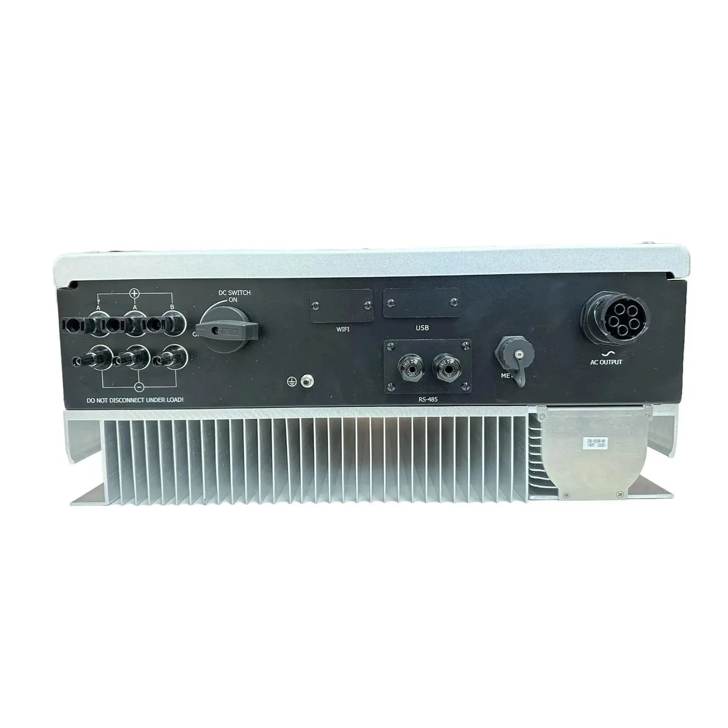 Elios 15kW three-phase solar inverter with aluminum heatsink, control panel showing DC switch, WiFi, USB, RS-485, and AC outp