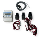 Chint three-phase smart meter with three current transformers and gray cable on white background.