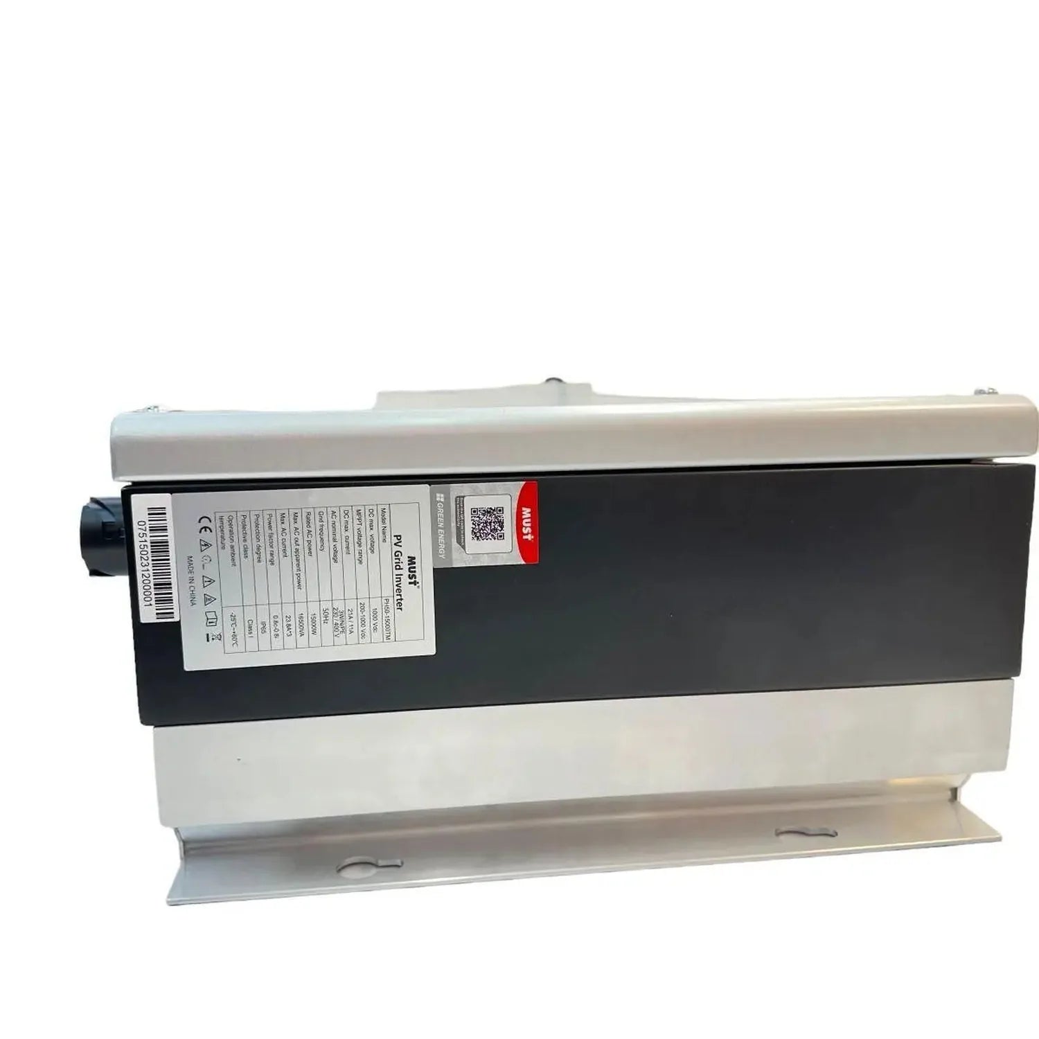 Elios 15kW three-phase solar inverter shown at angle, displaying certification label and technical specifications on black pa