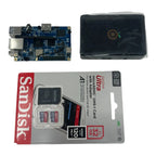 Solar Assistant Orange Pi controller board, case with logo, and SanDisk 32GB Ultra microSD card with adapter in packaging.