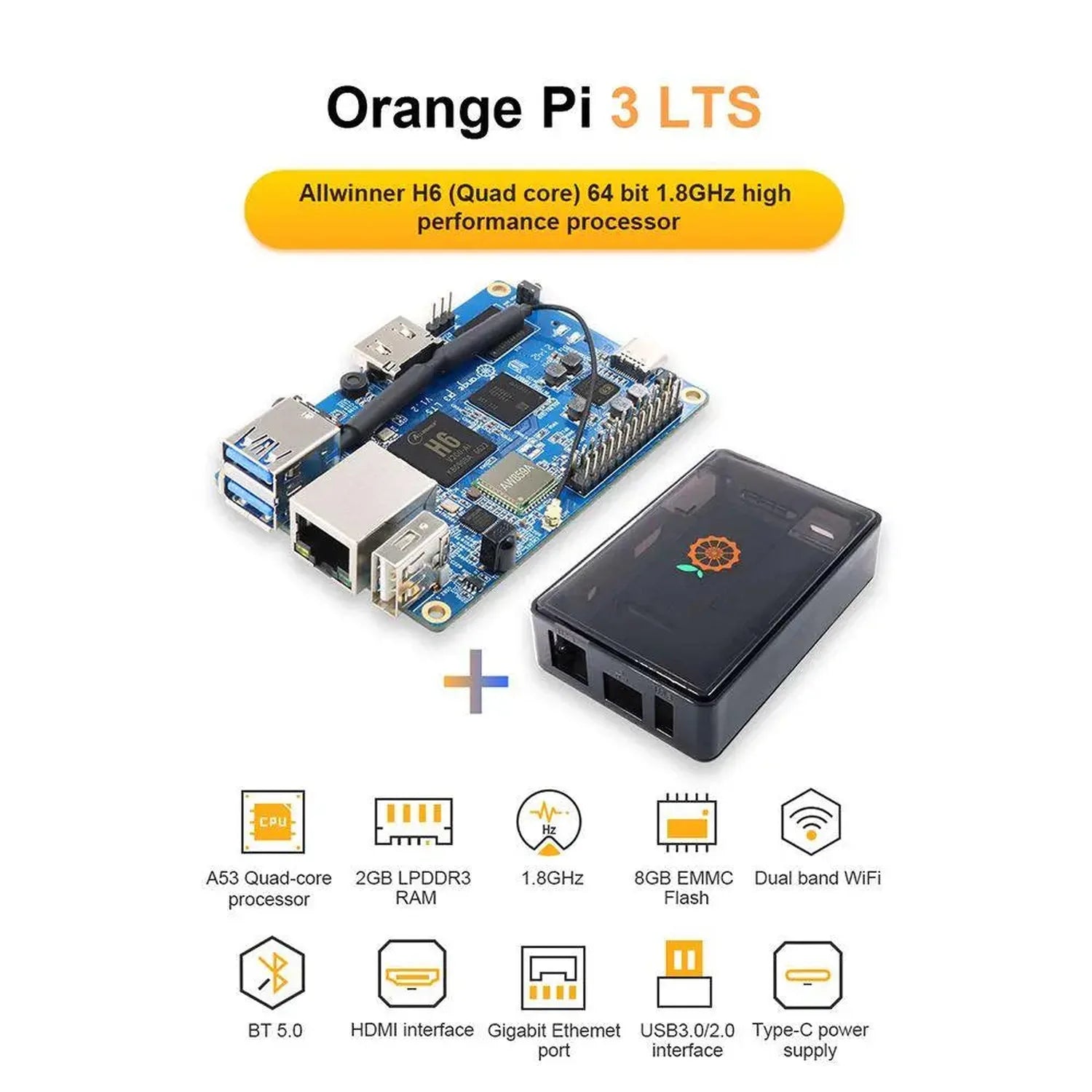 Orange Pi 3 LTS single-board computer with blue circuit board and black protective case, plus component specifications icons 