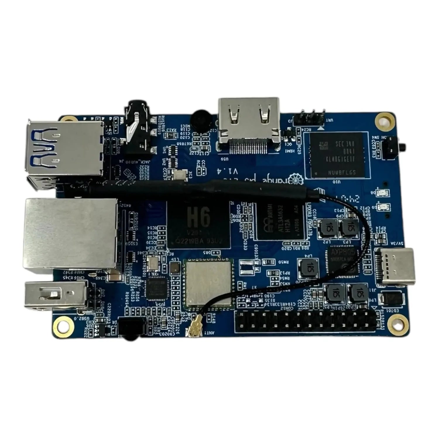 Top-down view of a blue circuit board with processor chip, USB ports, Ethernet jack, and GPIO pins visible.