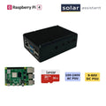 Solar Assistant kit with Raspberry Pi 4, case, microSD card, and AC/DC power supply components displayed.