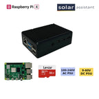 Solar Assistant kit with Raspberry Pi 4, case, microSD card, and AC/DC power supply components displayed.
