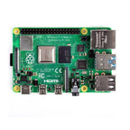 Raspberry Pi 4 Model B circuit board with CPU, Ethernet port, HDMI, USB ports, and GPIO header pins, top-down view.