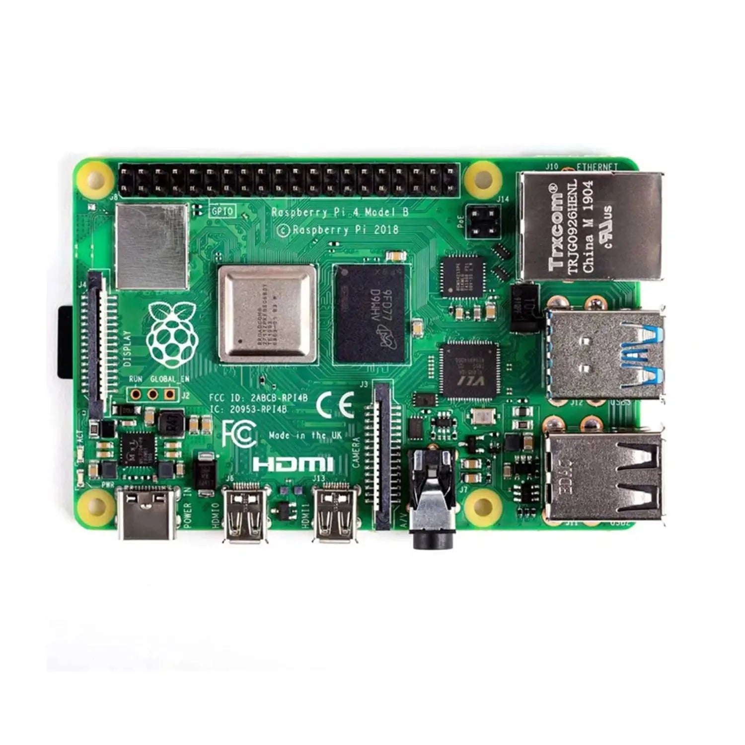 Raspberry Pi 4 Model B circuit board with CPU, Ethernet port, HDMI, USB ports, and GPIO header pins, top-down view.