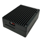 Black rectangular device with vertical cooling fins and red indicator light, shown against white background.
