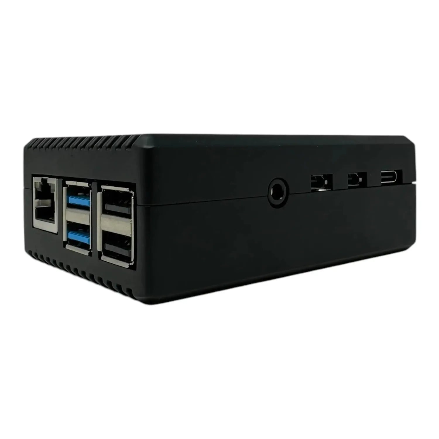 Black rectangular device with multiple USB ports and network connections on front and side panel, showing product alone again