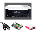 Solar Assistant Monitor with Growatt inverter interface, Raspberry Pi 4 board, USB cable, and red protective case shown below