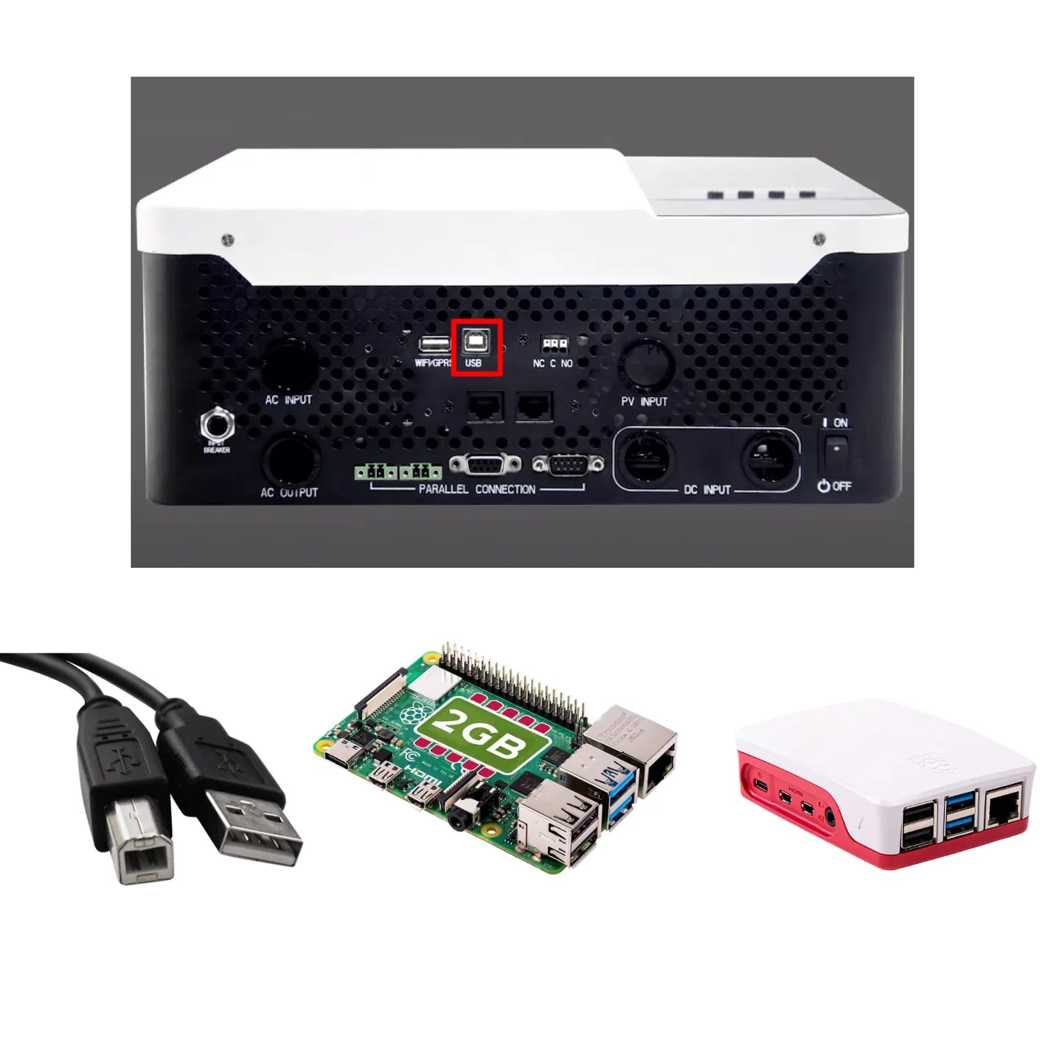Solar Assistant Monitor with Growatt inverter interface, Raspberry Pi 4 board, USB cable, and red protective case shown below