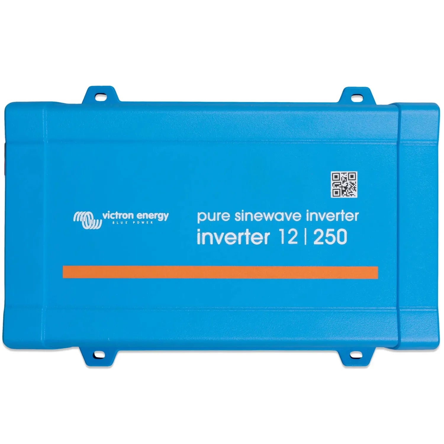 Victron Energy pure sinewave inverter 12/250 in blue with mounting brackets and QR code label.