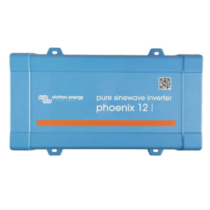 Victron Energy Phoenix 12I pure sinewave inverter, blue rectangular device with mounting brackets and QR code.
