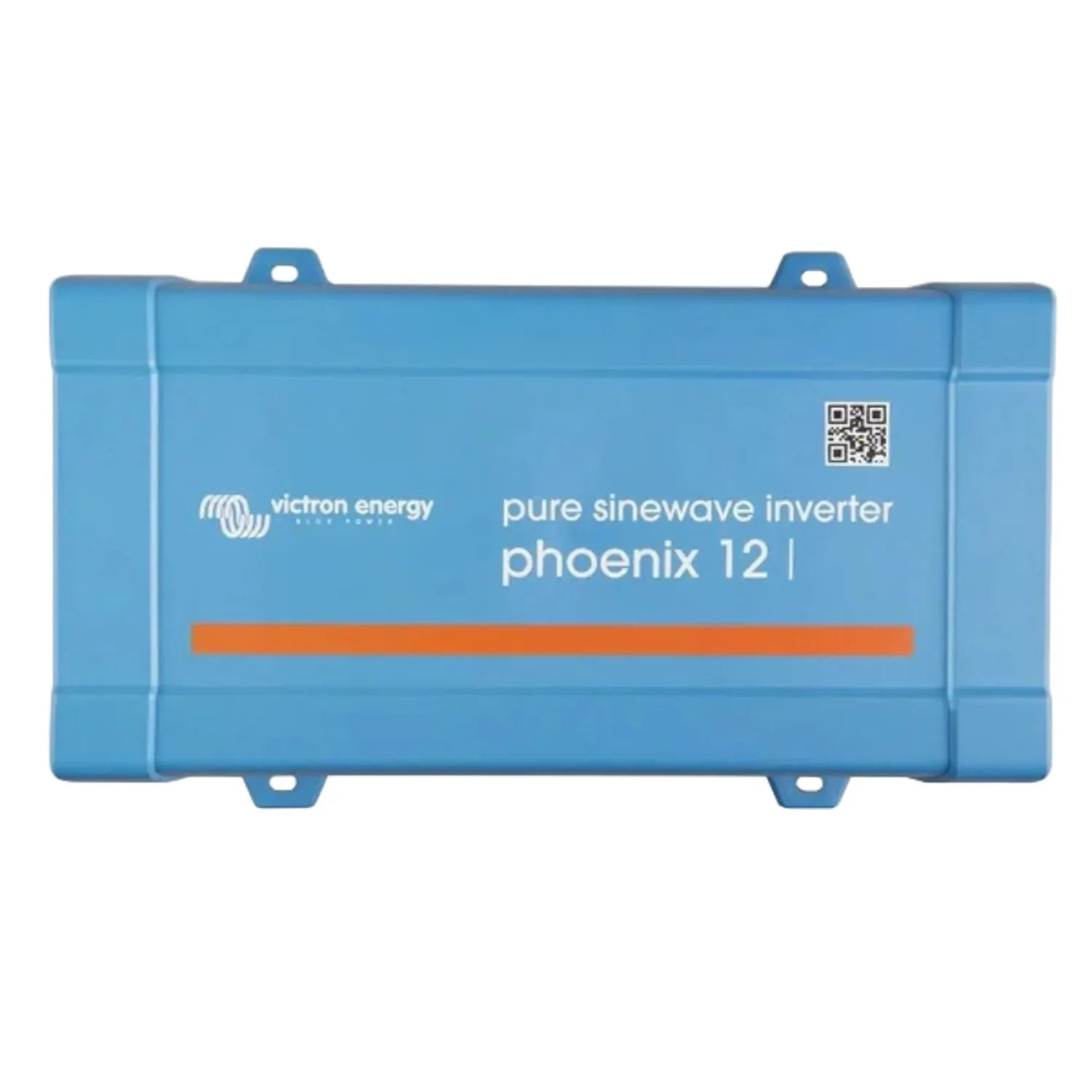 Victron Energy Phoenix 12I pure sinewave inverter, blue rectangular device with mounting brackets and QR code.