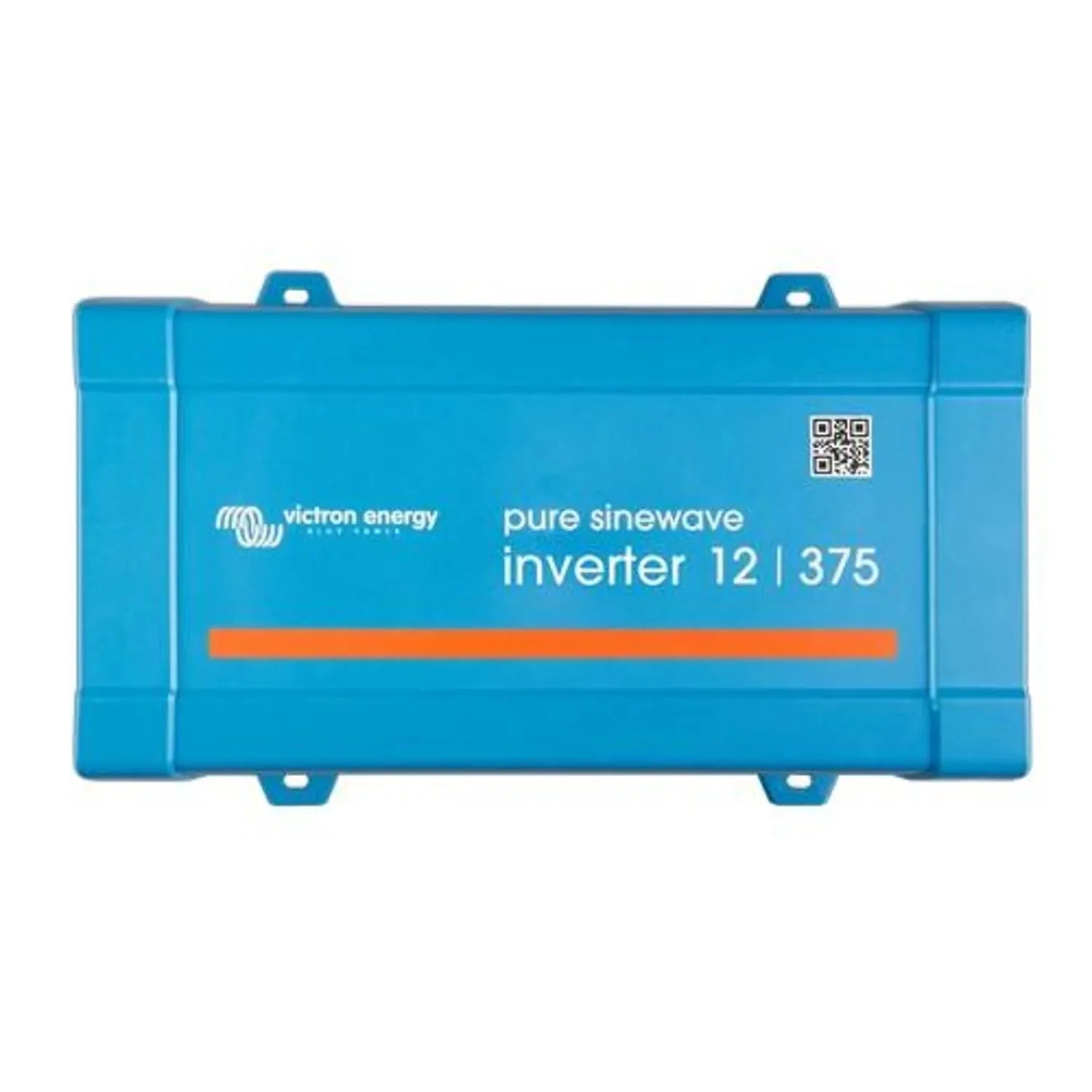 Victron Energy Pure Sinewave Inverter 12/375 in bright blue casing with mounting brackets and QR code label.